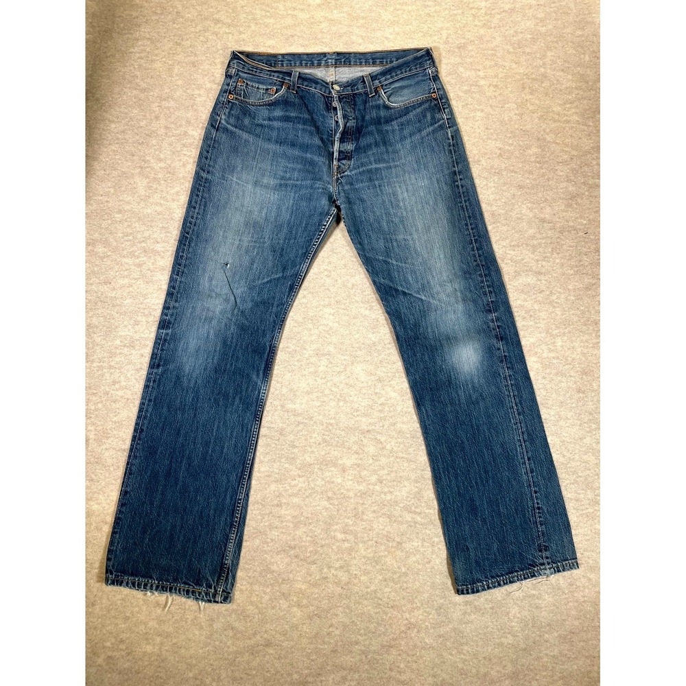 Levis 501 Original Jeans Mens 36x34 Blue Whiskering Denim Cotton Straight Leg